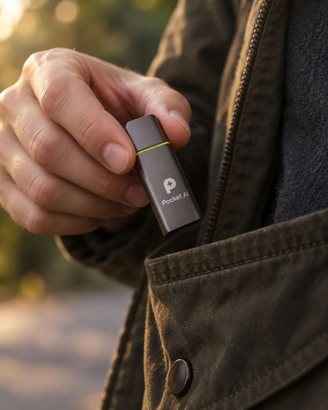 A person carrying the Pocket AI concept drive beside a jacket pocket