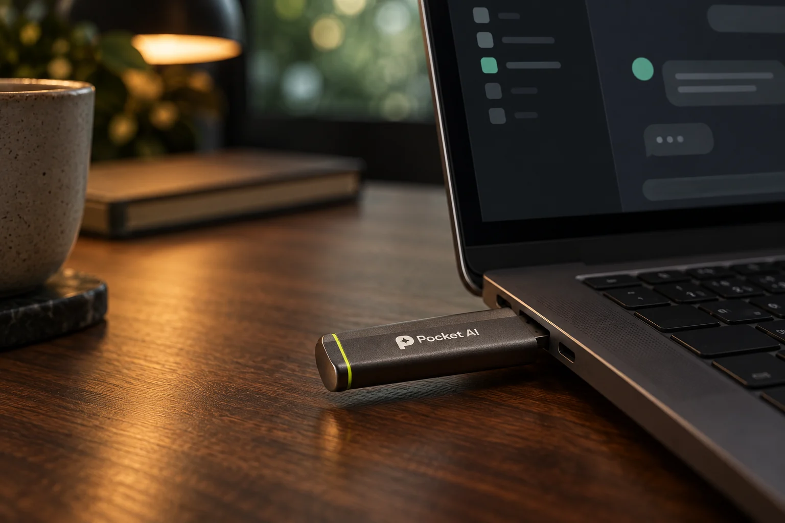 Pocket AI drive plugged into a laptop on a warmly lit desk